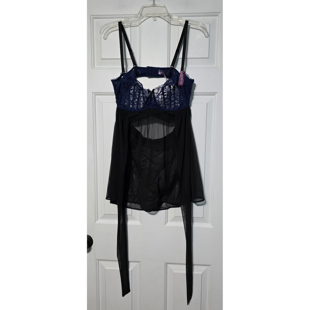 Adore Me Blue Black Lace Underwire Babydoll Chemise Lingerie 38D New